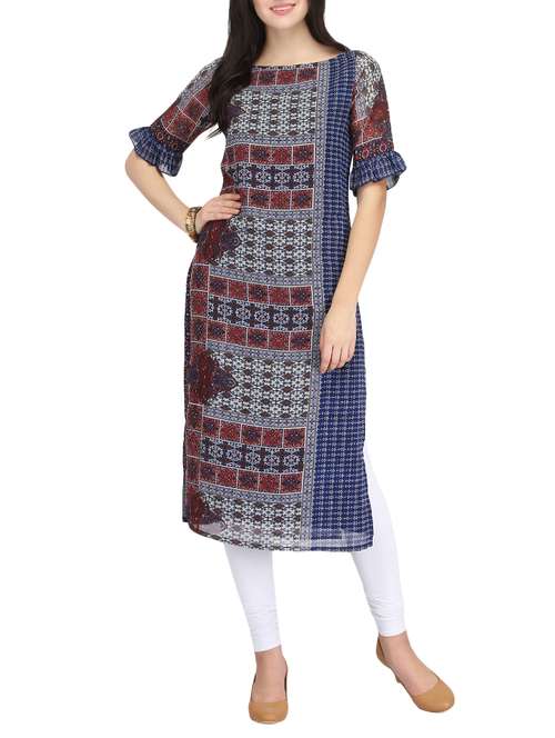 blue georgette printed  straight kurta - 14461844 - Very Small Image - 1