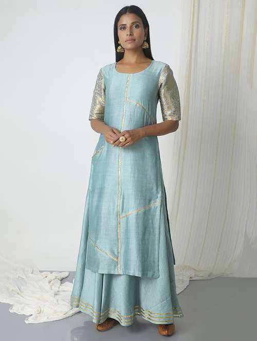 truebrowns grey pure chanderi kurta with brocade sleeves - 14465934 - Very Small Image - 1