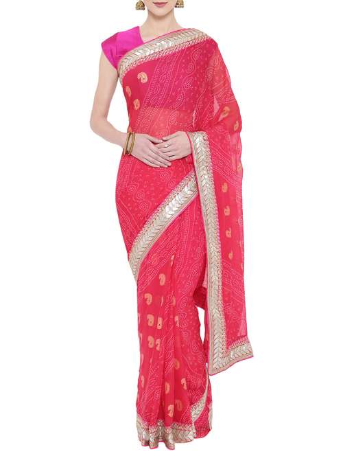 bordered bandhani saree with blouse - 14610465 - Very Small Image - 1