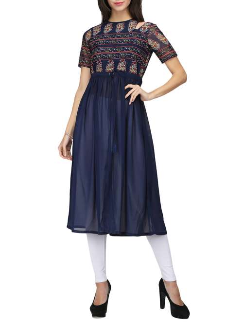 blue georgette flared kurta - 14860907 - Very Small Image - 1