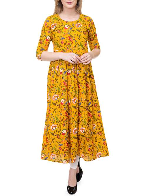 yellow cotton flared kurta - 14872987 - Very Small Image - 1