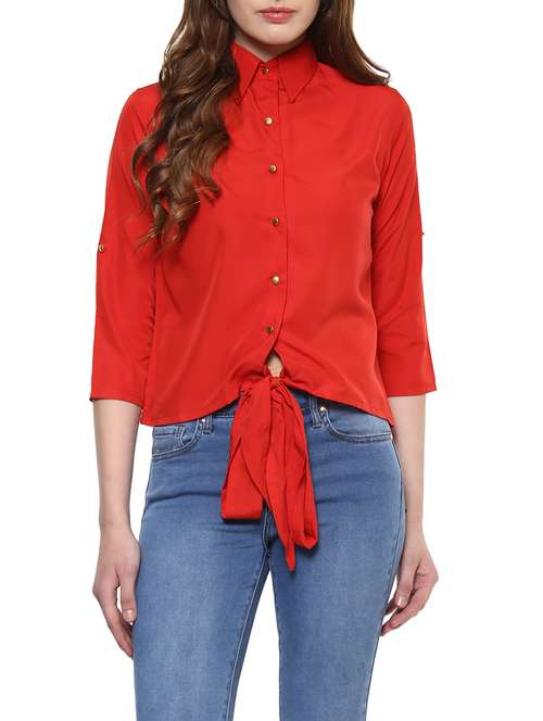 solid red front tie up shirt - 14900637 - Very Small Image - 1