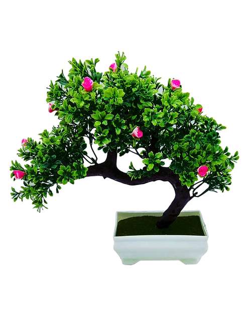 artificial plant bent bonsai tree with dark green leaves and pink flowers - 14902086 - Very Small Image - 1