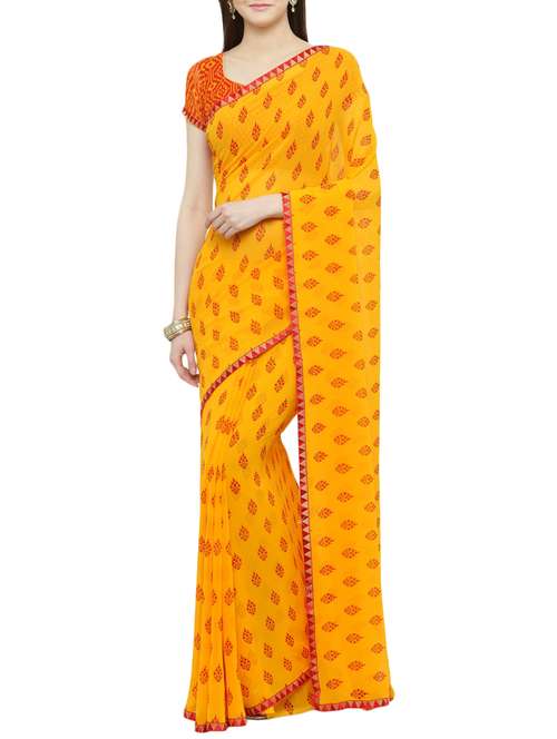 mustard georgette printed saree with blouse - 14952969 - Very Small Image - 1