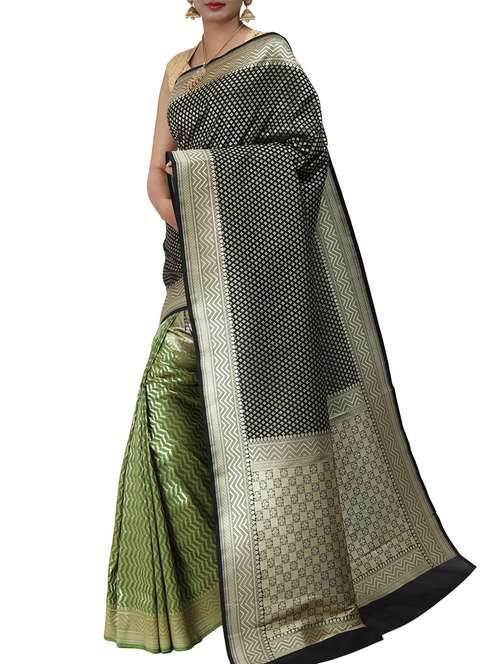 zari motifs half and half saree with blouse - 15051217 - Very Small Image - 1