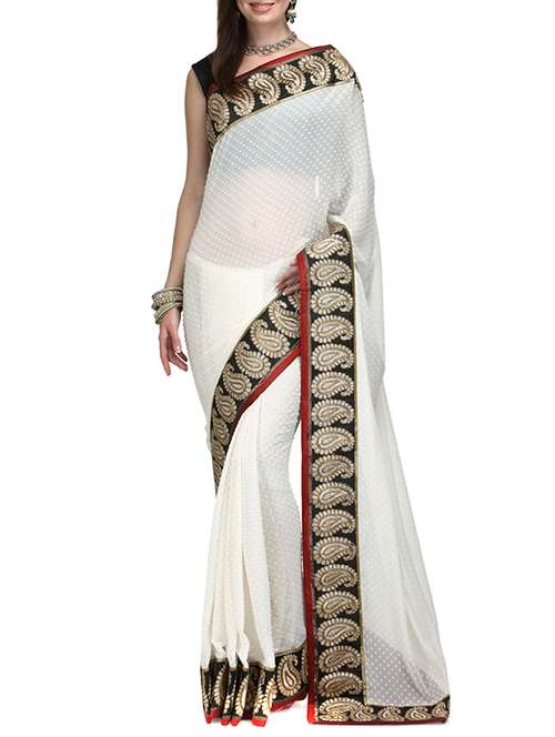 white chiffon woven saree with blouse - 15180735 - Very Small Image - 1