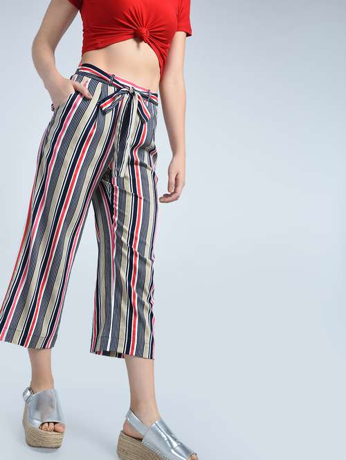 self tie belted striped cropped trouser - 15399366 - Very Small Image - 1