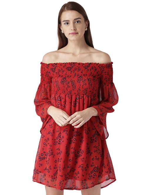 shirring detail off shoulder dress - 15709077 - Very Small Image - 1