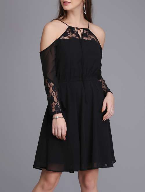 lace paneled cold shoulder a-line dress - 15726257 - Very Small Image - 1