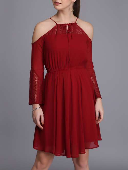 lace paneled cold shoulder a-line dress - 15726258 - Very Small Image - 1