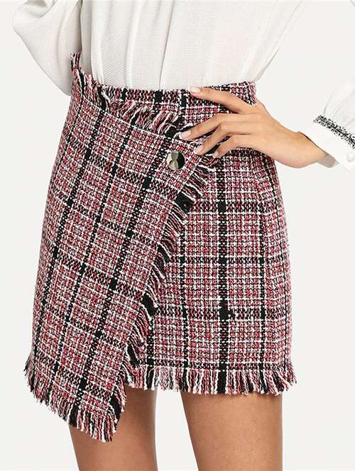 fringed detail checkered faux wrap skirt - 15779293 - Very Small Image - 1