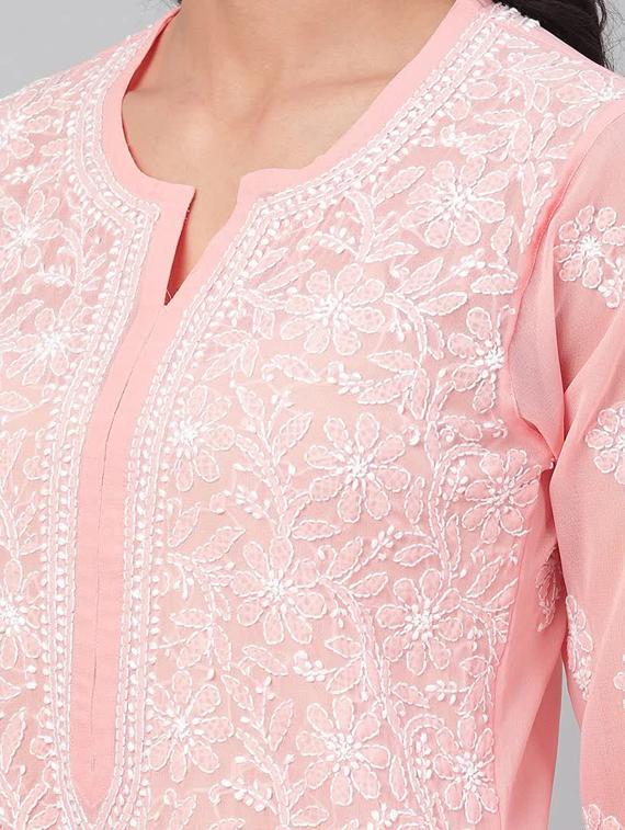 peach color georgette long women chikankari kurta - 15842063 - Standard Image - 4