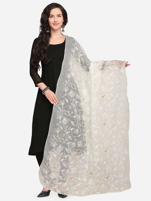 white floral embroidered net dupatta - 15884934 - Very Small Image - 1