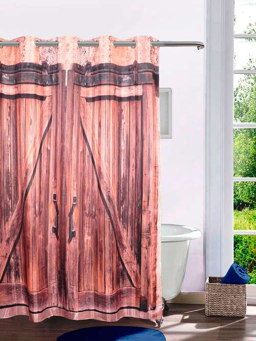 lushomes digitally printed wooden door shower curtain with 10 eyelets, size: 72x82 inches (single pc) - 15924677 - Very Small Image - 1