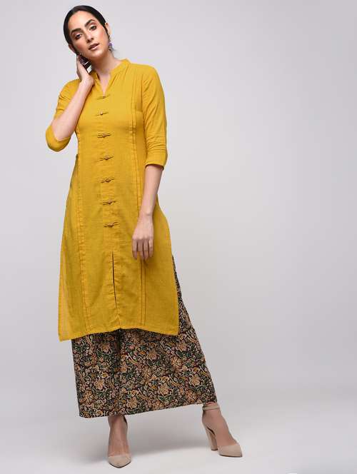mustard pintucks straight kurta - 15941752 - Very Small Image - 1
