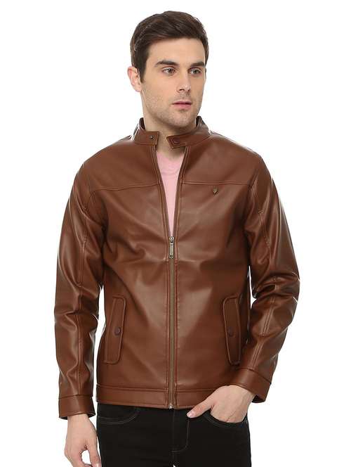 brown solid biker jacket - 16000906 - Very Small Image - 1