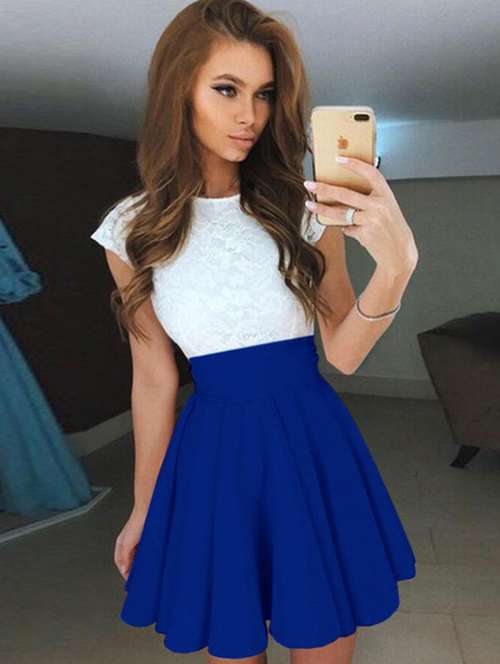 color block laced yoke flared dress - 16008935 - Very Small Image - 1