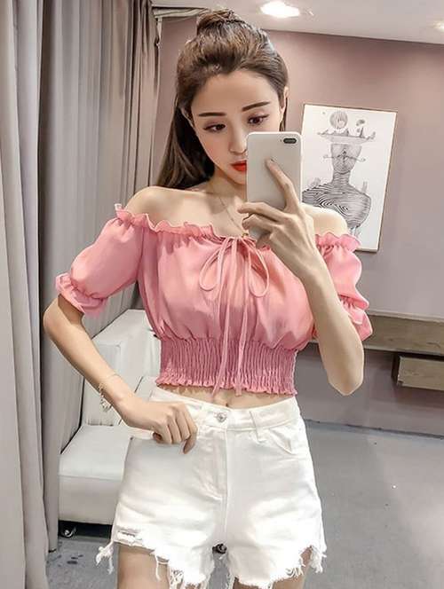 smocked hem off shoulder crop top - 16017598 - Very Small Image - 1