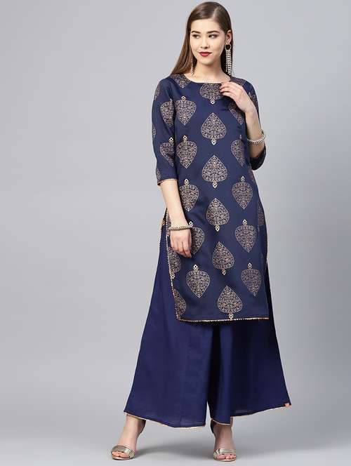 indigo block print straight kurta - 16065336 - Very Small Image - 1