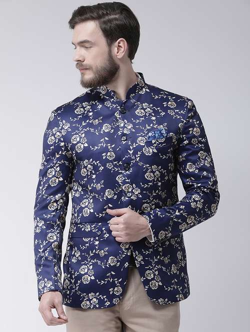 blue polyester bandhgala blazer - 16089781 - Very Small Image - 1
