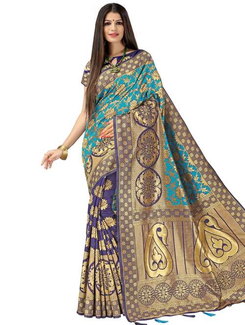 floral zari motif banarasi saree with blouse - 16266190 - Very Small Image - 1
