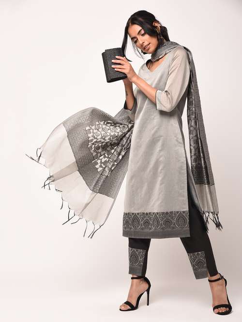 jacquard motif kurta pant dupatta suit set - 16283632 - Very Small Image - 1
