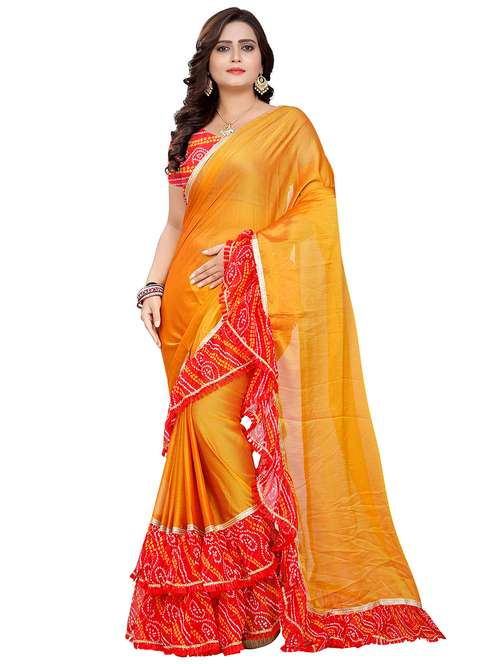 bandhani ruffle border saree with blouse - 16302241 - Very Small Image - 1