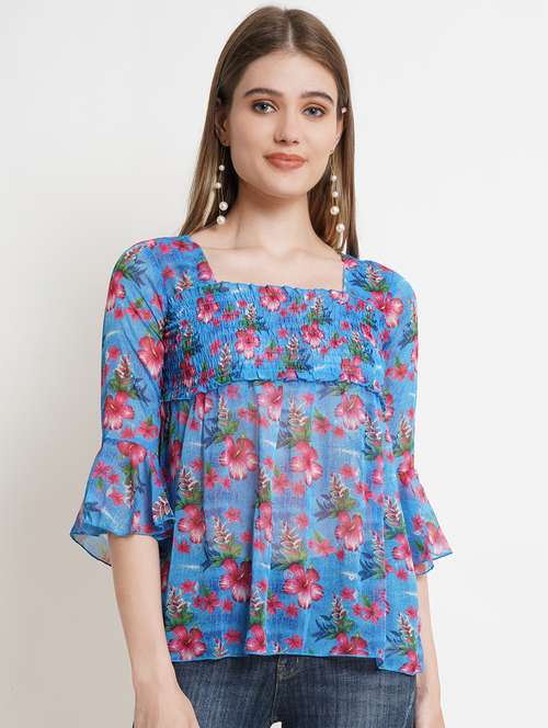 women floral print smocked detail bell sleeved top - 16335309 - Very Small Image - 1