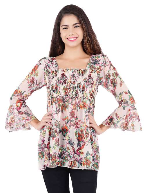 women floral print smocked detail bell sleeved top - 16335310 - Very Small Image - 1