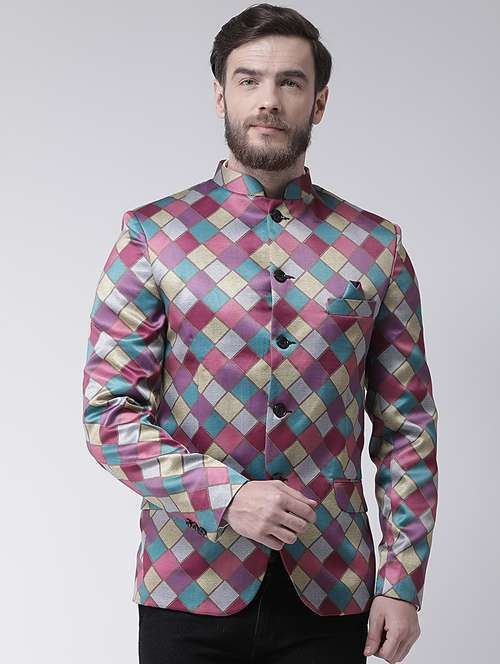 multi colored printed bandhgala casual blazer - 16350375 - Very Small Image - 1