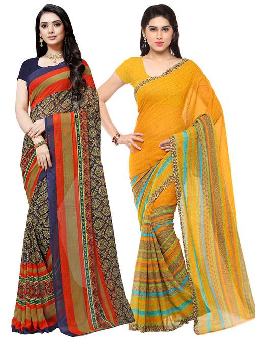 set of 2 multicolor printed saree combo with blouse - 16426122 - Very Small Image - 1