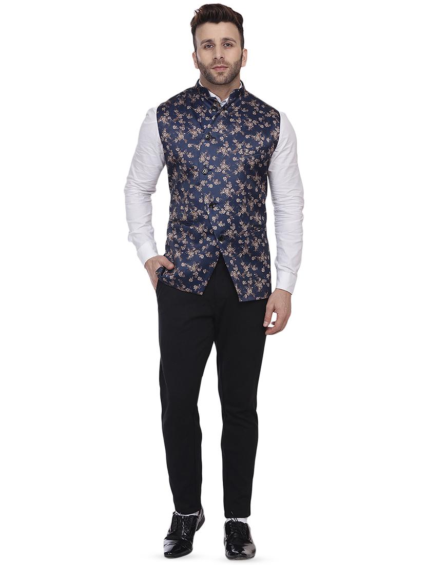 navy blue printed nehru jacket - 16457169 - Standard Image - 3