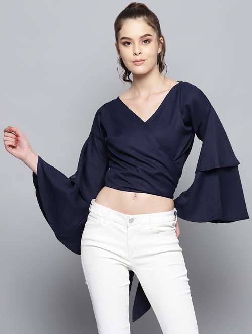 tie knot back bell sleeved wrap top - 16605885 - Very Small Image - 1