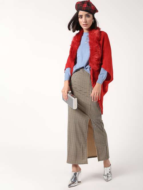 faux fur detail fringe hem wool poncho - 16676026 - Very Small Image - 1