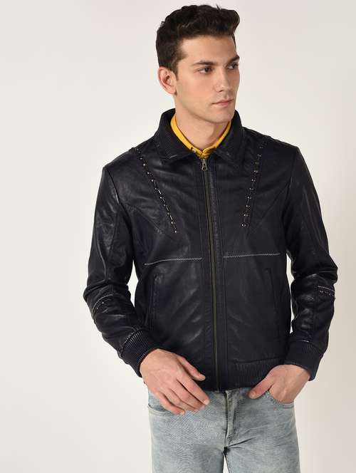 blue solid 100% lamb leather jacket - 16737526 - Very Small Image - 1