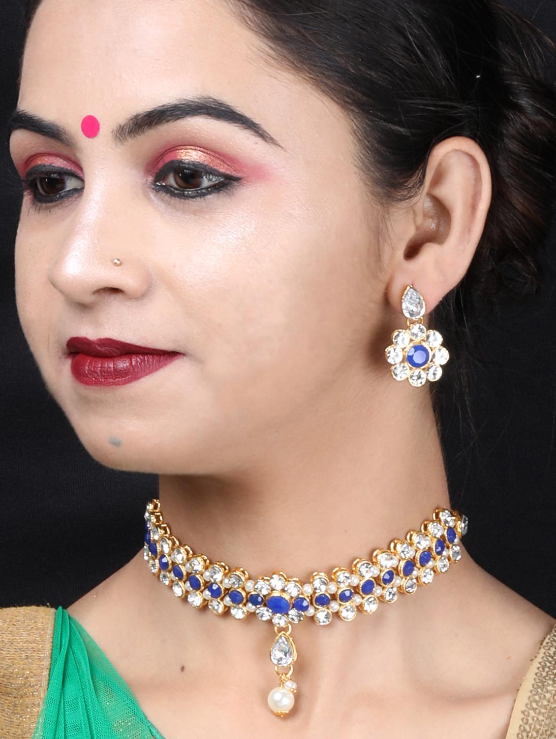 blue metal choker necklace with earring - 17013368 - Zoom Image - 2