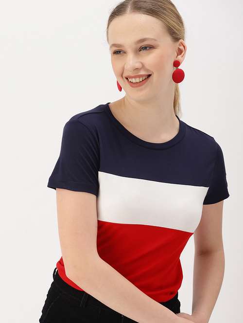 women's color block round neck t-shirt - 17022294 - Very Small Image - 1