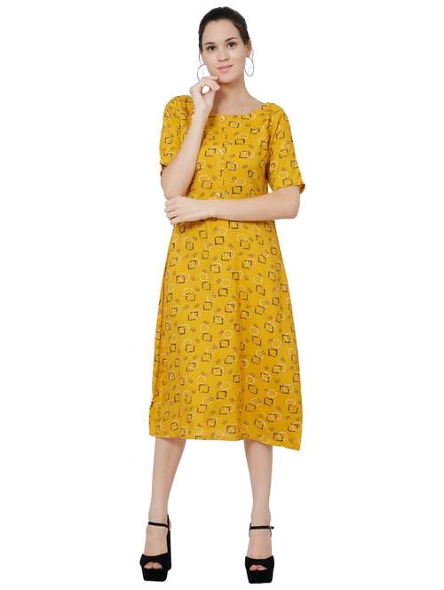 women yellow printed short sleeve a-line dress - 17059279 - Very Small Image - 1