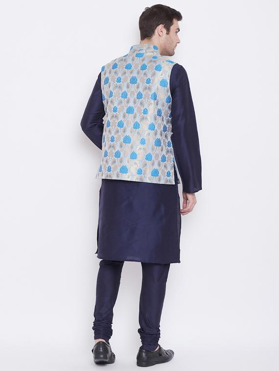navy blue solid silk blend kurta churidar set with jacquard nehru jacket - 17352159 - Standard Image - 2