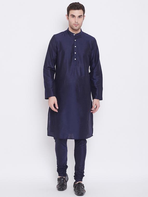 navy blue solid silk blend kurta churidar set with jacquard nehru jacket - 17352159 - Zoom Image - 3