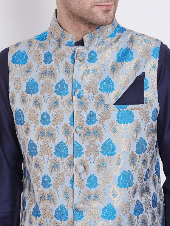 navy blue solid silk blend kurta churidar set with jacquard nehru jacket - 17352159 - Zoom Image - 4
