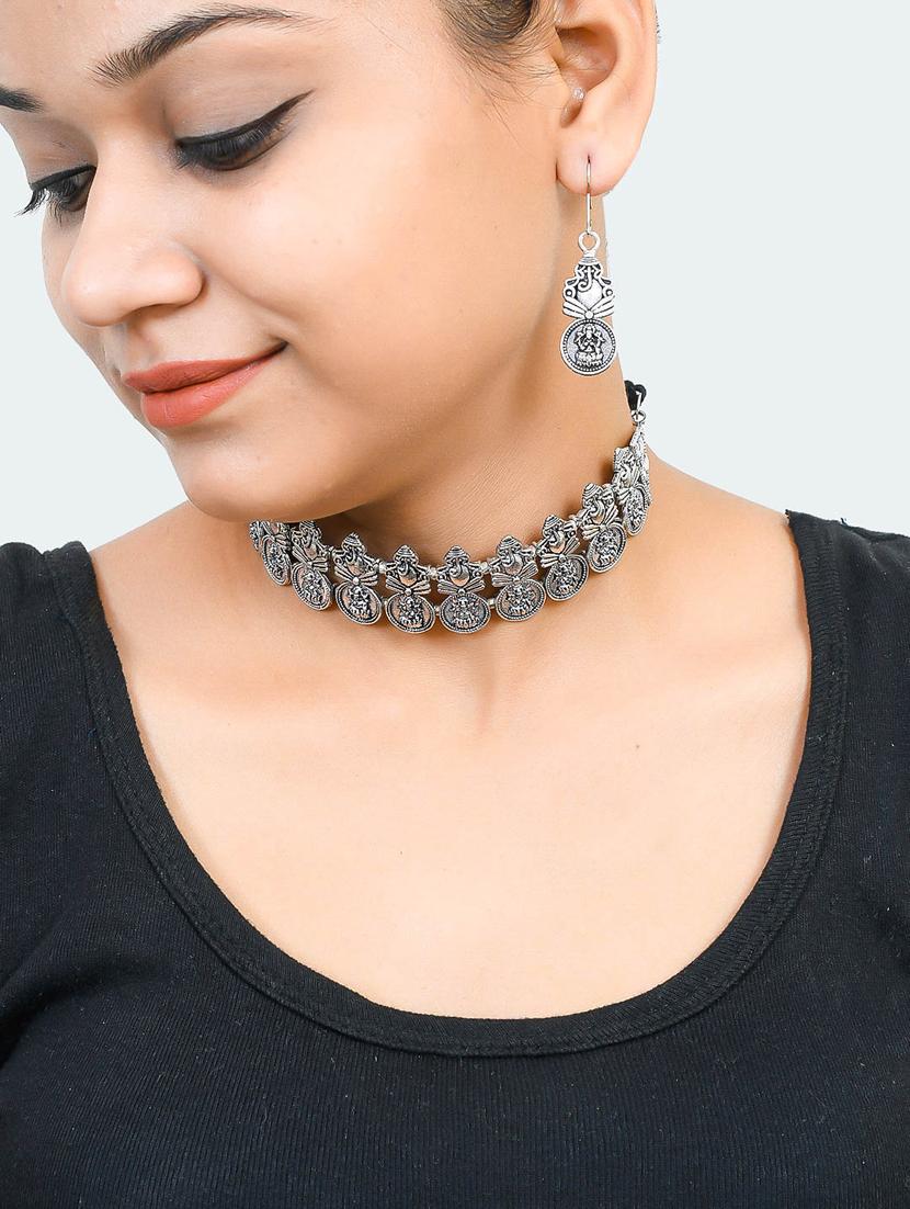oxidised silver choker necklace with earring - 17400662 - Standard Image - 5