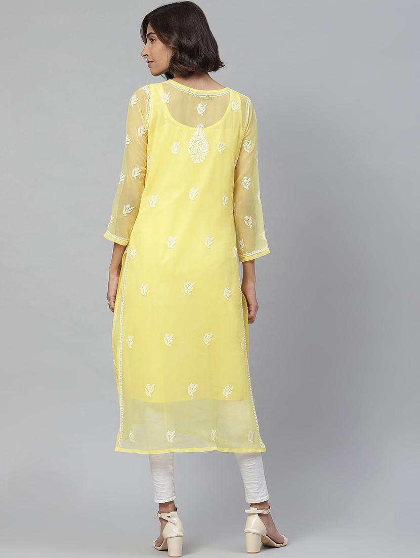 straight georgettte chikankari yellow kurta - 17428066 - Standard Image - 2
