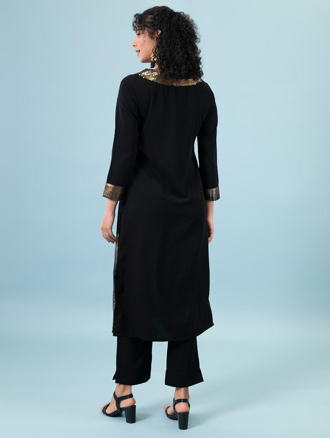 women black sequined work kurta pant set - 17529930 - Standard Image - 3