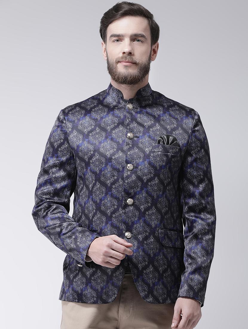 navy blue printed bandhgala casual blazer - 17585849 -  Zoom Image - 0