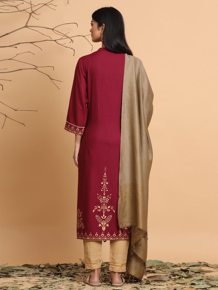 maroon printed straight kurta pant with dupatta - 17588666 - Zoom Image - 2