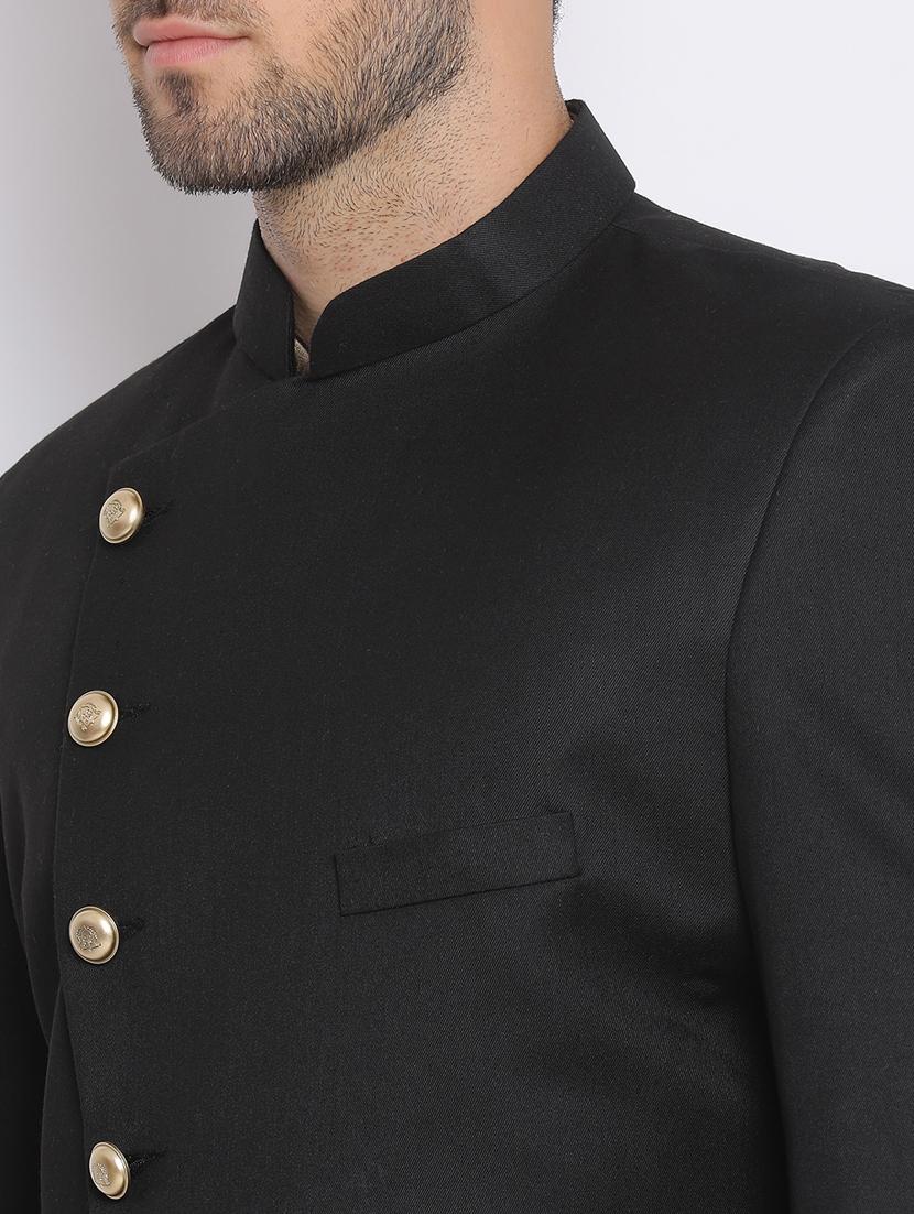 black solid silk blend sherwani set - 17633314 - Standard Image - 5