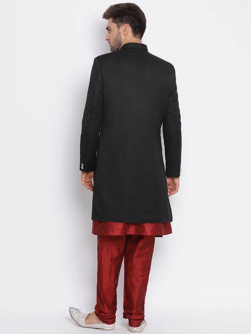 black solid silk blend sherwani set - 17633317 - Standard Image - 3