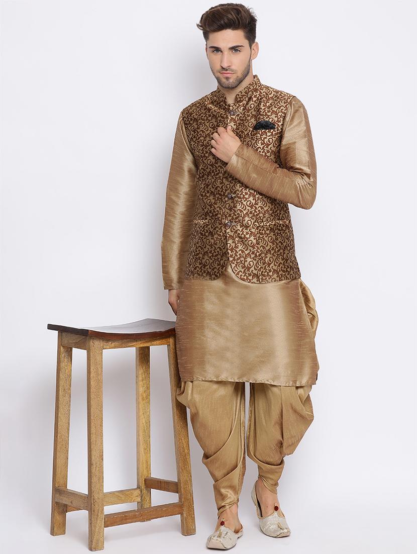 khaki dhoti kurta set with brocade nehru jacket - 17633334 - Zoom Image - 4