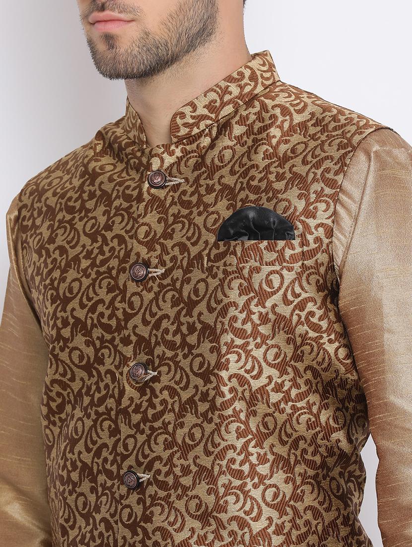 khaki dhoti kurta set with brocade nehru jacket - 17633334 - Standard Image - 5